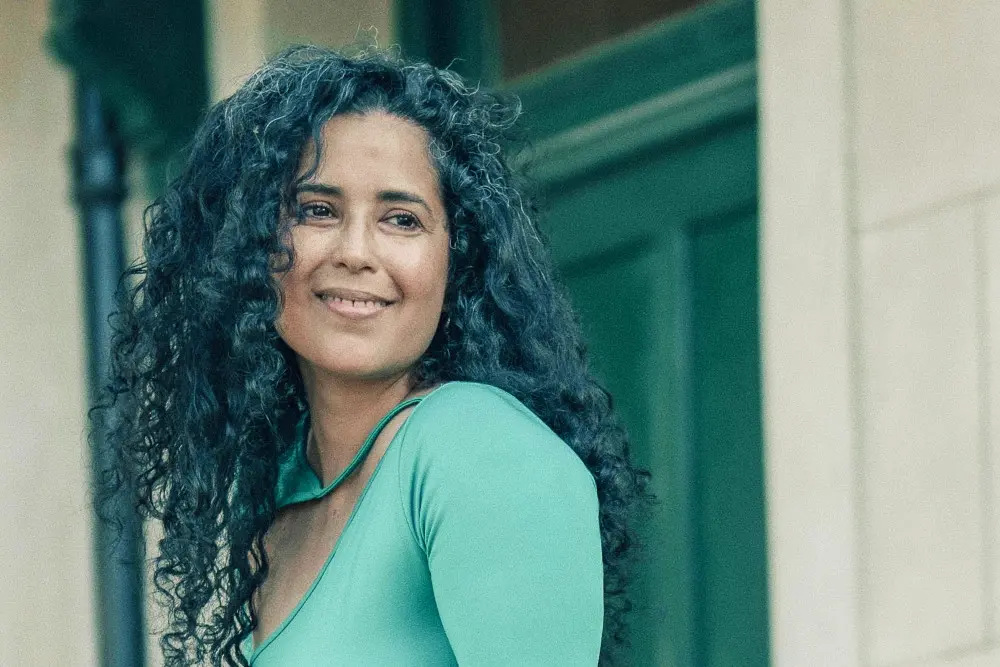 woman in green shirt