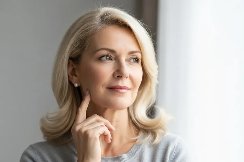 middle aged woman looking out window