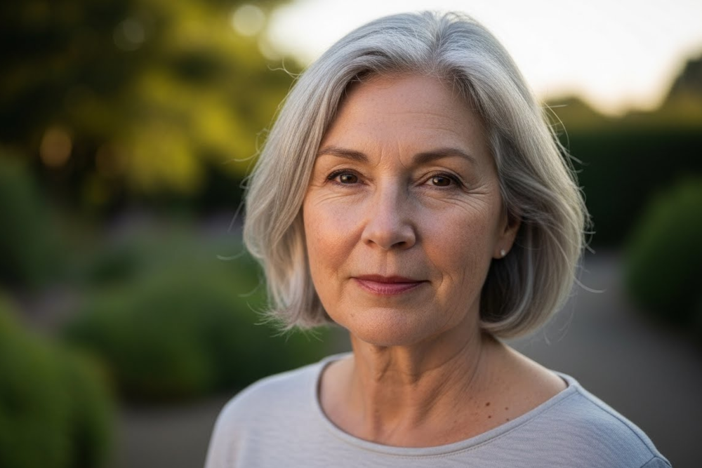 middle aged woman in gray t-shirt