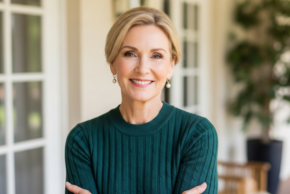 older woman in green sweater