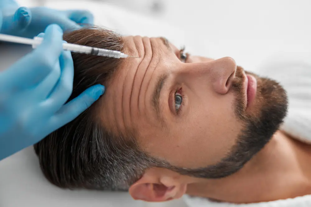 Man lying down as a clinician in blue gloves administers a syringe into his forehead for a cosmetic treatment