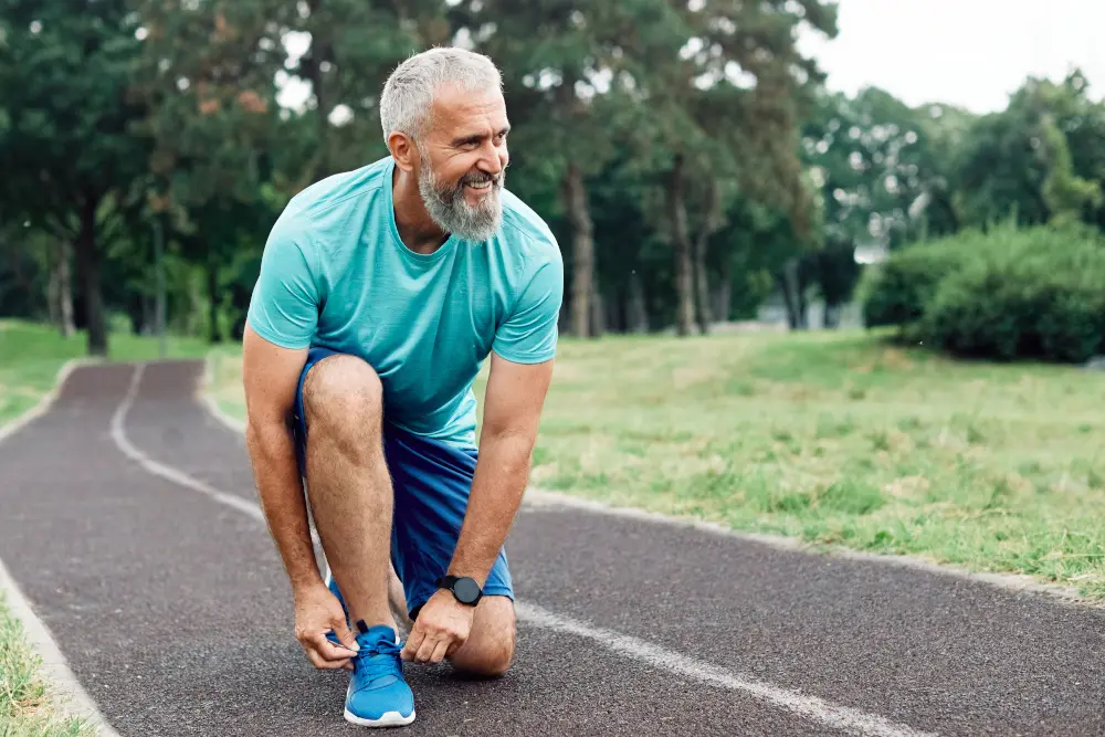 Older man ties blue sneakers on a park running track, smiling.