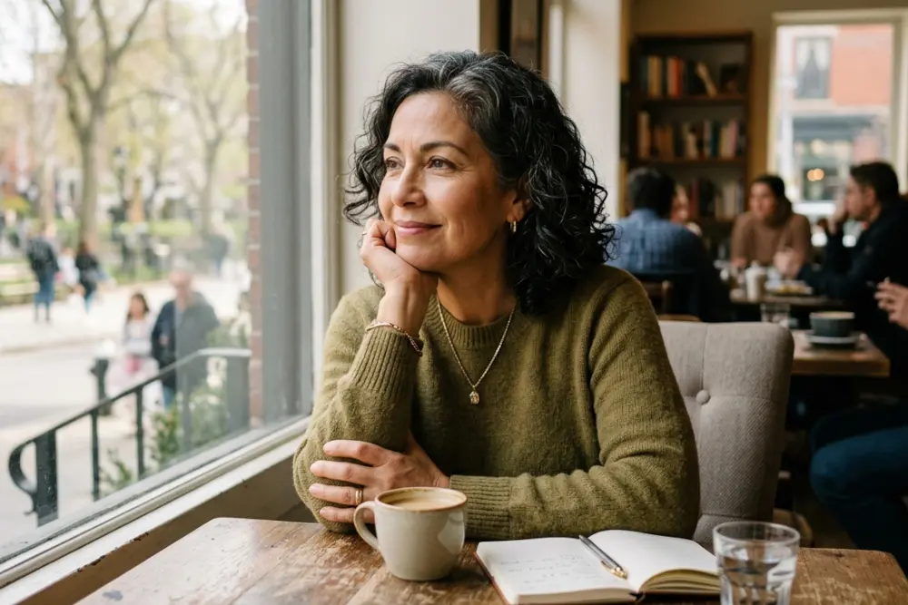 Woman in a green sweater sits by a cafe window, resting her chin on her hand with a coffee mug and open notebook in view.
