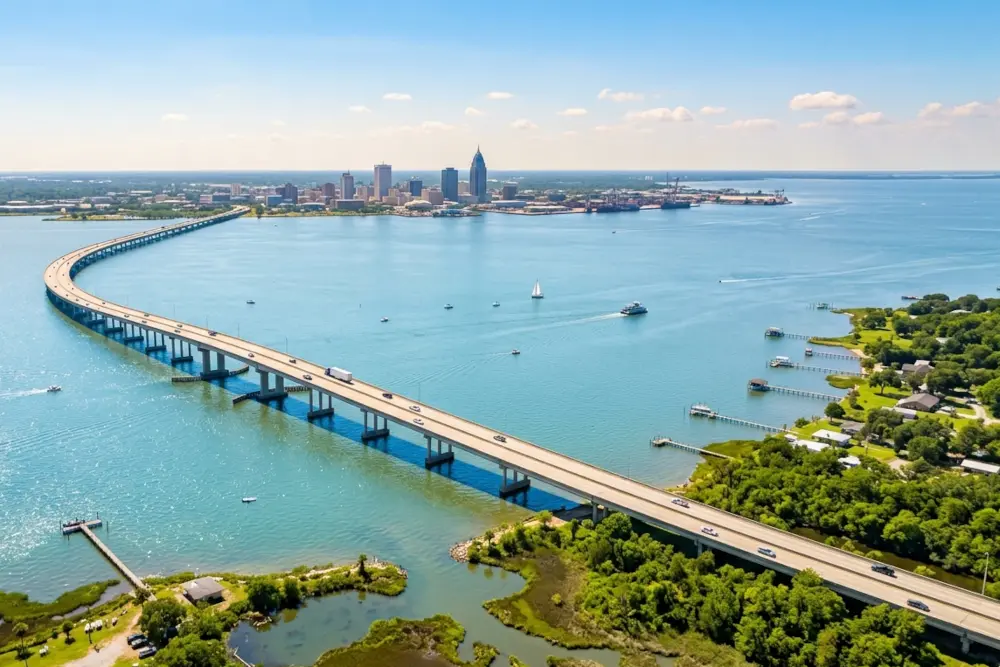 Aerial view of a curved bridge spanning a wide blue river toward a distant city skyline with boats on the water and green shoreline on the right.