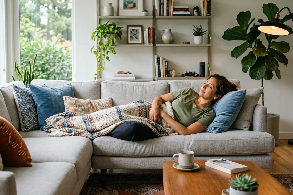woman resting on her couch