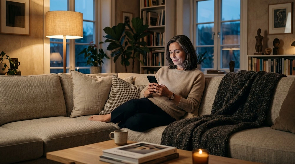 Woman using smartphone on sofa